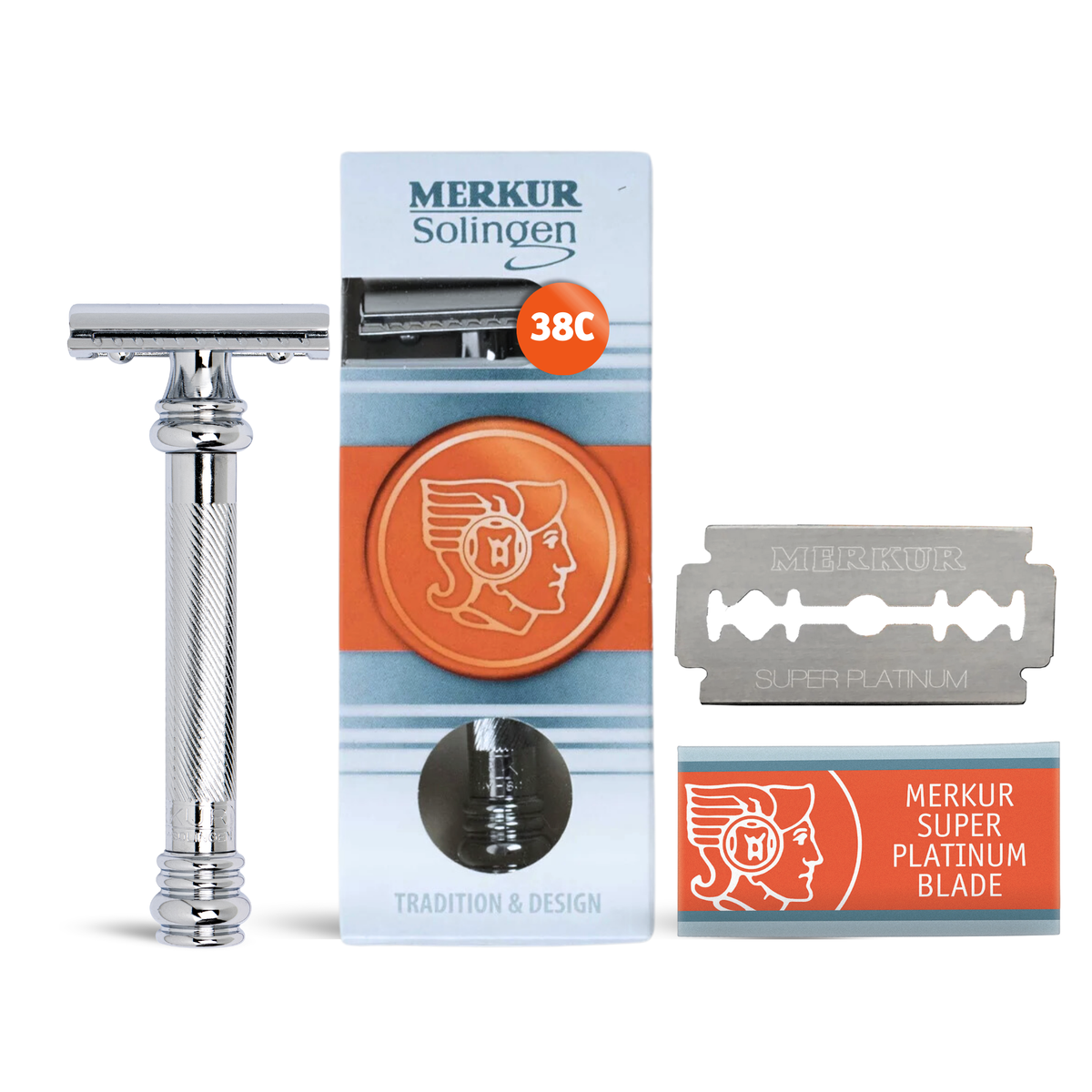 Merkur 38C 2-Piece DE Safety Razor, Closed Comb, Barberpole Long Heavy Handle, Chrome