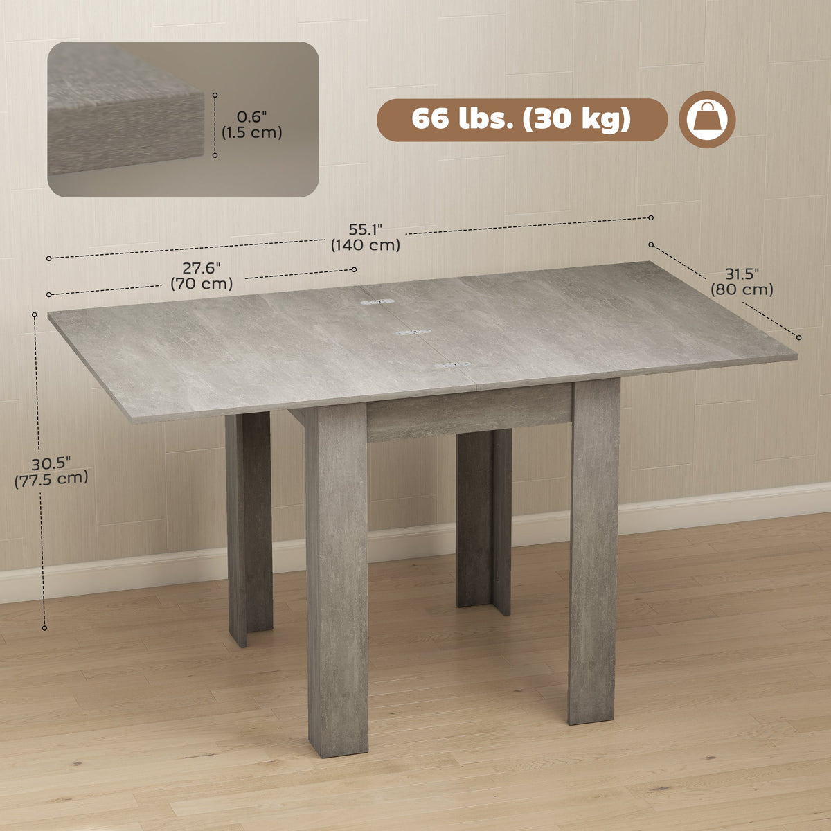 55" Extendable Dining Table for 4-6, Kitchen Table with Steel Slides and Felt Pads for Small Spaces, Black