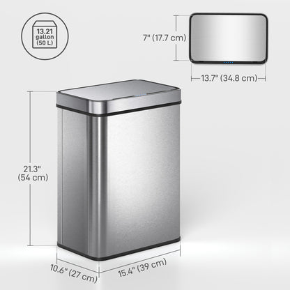 13.2 Gallon Sensor Can, Automatic Garbage Can with Soft-Close Lid, Fingerprint-Proof Stainless Steel, Silver