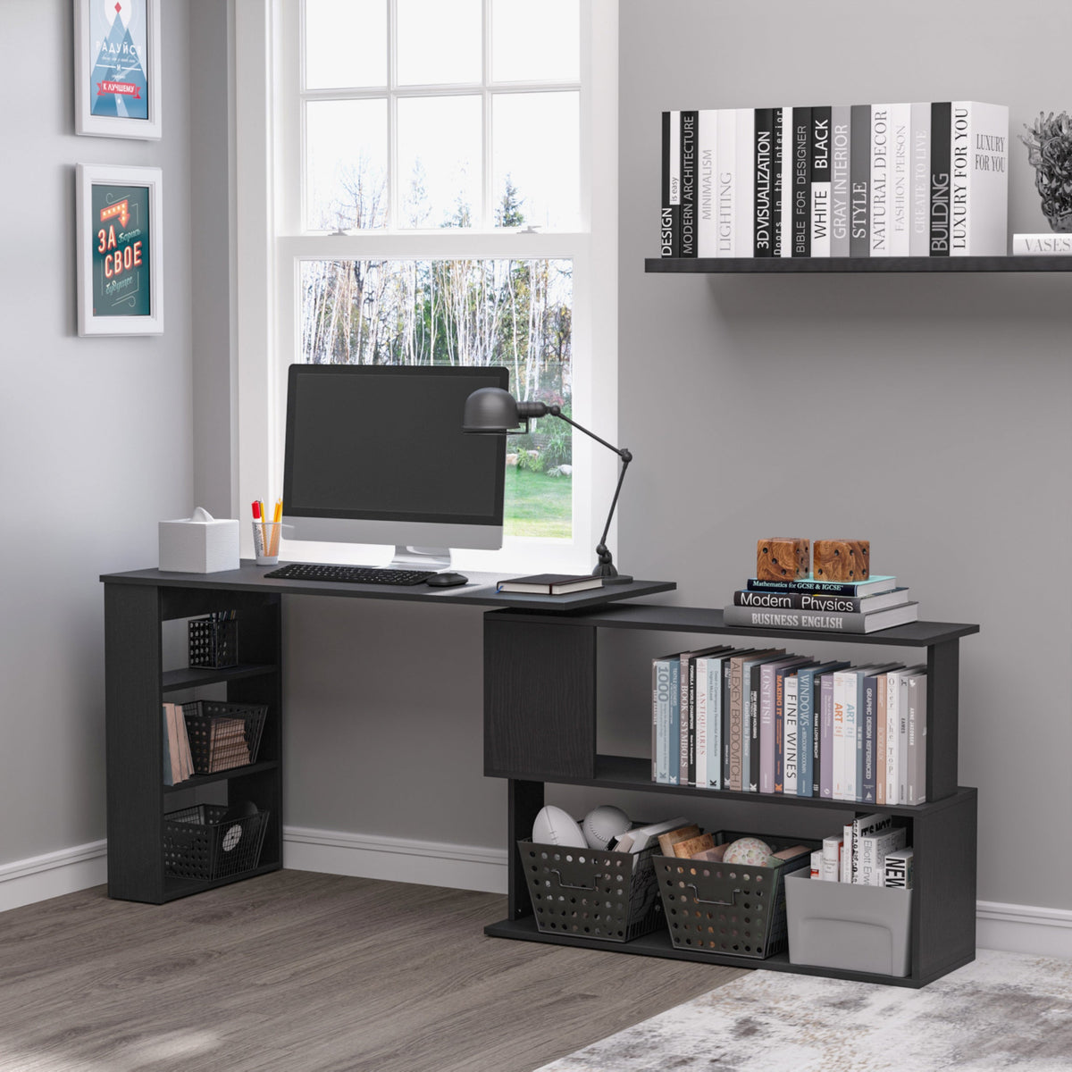 Denver L-Shaped Office Desk with 360° Rotating Corner Extension-Black