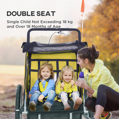 2-in-1 Bike Trailer for Kids, Foldable 2-Seat Baby Stroller with 5-Point Harness, Rubber Wheels, Storage Bag, Black