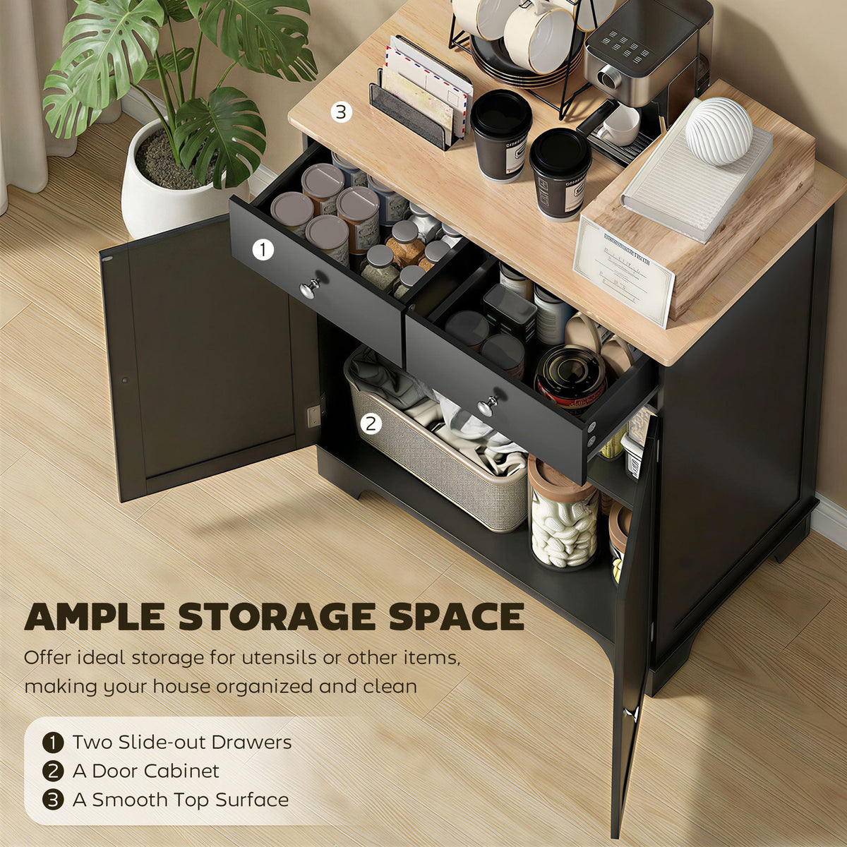 Sideboard Buffet Cabinet with Storage, 27" Kitchen Cabinet with Adjustable Shelf, 2 Drawers and 2 Doors, Coffee Bar Cabinet with Rubberwood Tabletop, White