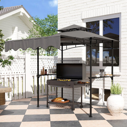 8' x 7.6' Grill Gazebo, Double Tiered Barbecue Grill Gazebo Shelter w/ Side Awning, 2 Side Shelves, 6 Hooks, Beige