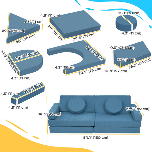 12-Piece Modular Kids Play Couch Building Fort for Playroom Bedroom, Convertible Kids Sofa, Blue
