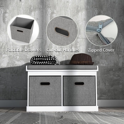 Shoe Storage Bench with Seat, Entryway Bench Seat with Cushion, 2 Fabric Drawers for Hallway, White
