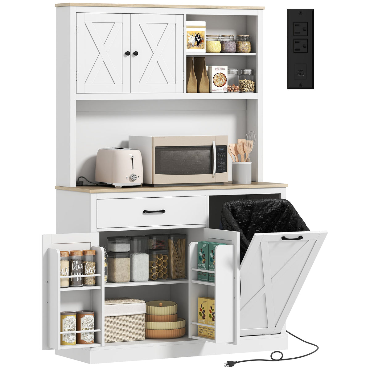 69" Pantry Cabinet with Charging Station, Kitchen Cabinet with Microwave Stand, Tilt-Out Trash Can Cabinet, Black