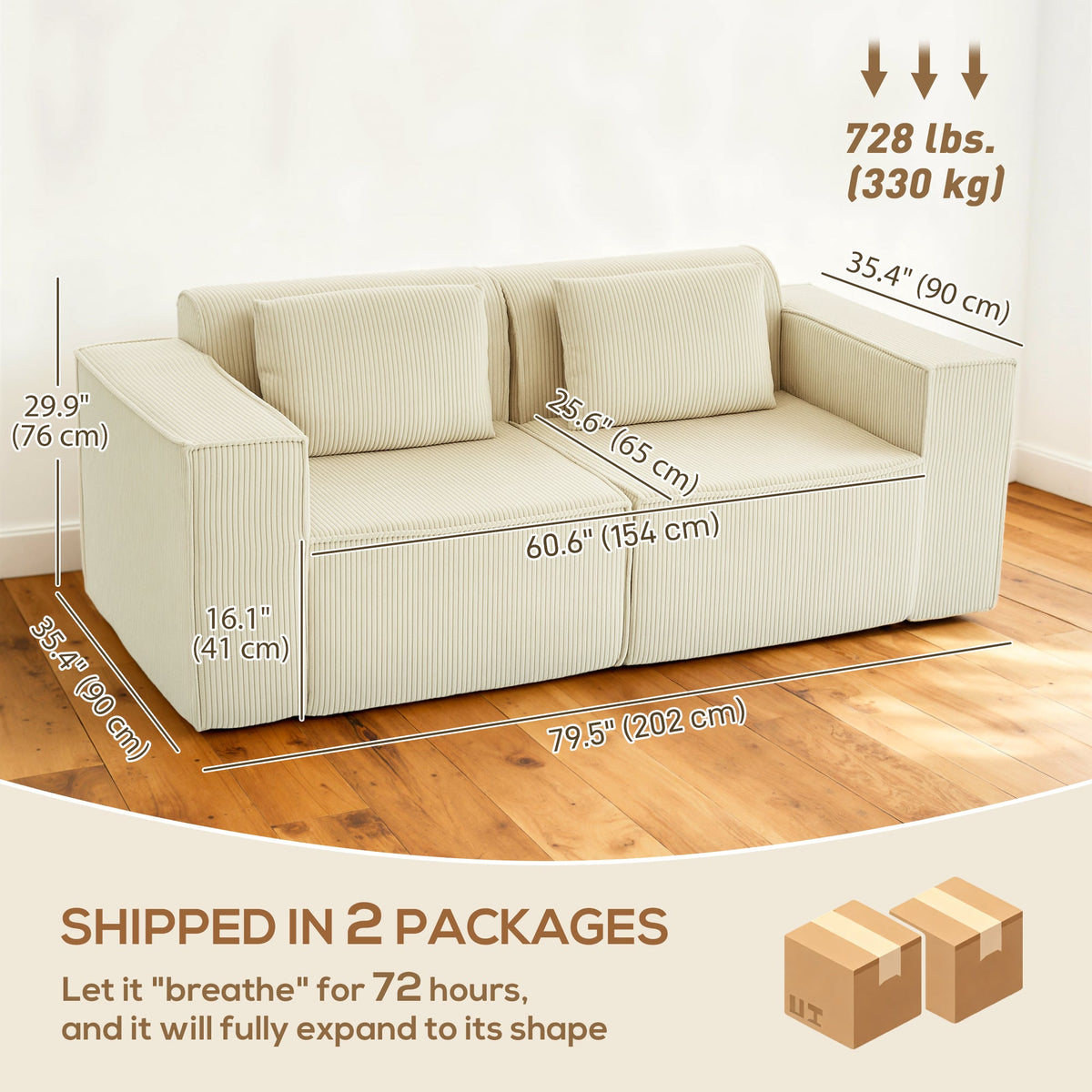 IVAN Boneless Corduroy 3 Seater Sofa with Deep Seats-Beige