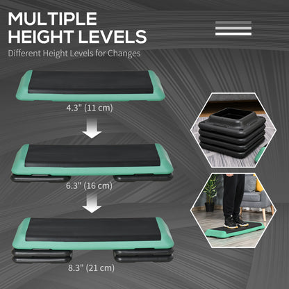 43" Adjustable Aerobic Platform Stepper 3 Level with Risers 4” 6” 8” Cardio Fitness Trainer Workout Step Home Gym Exercise, Black Green