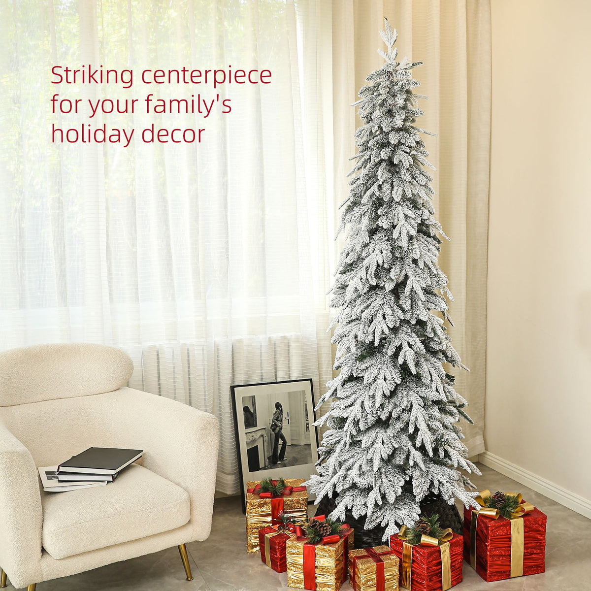 6ft Pencil Flocked Artificial Christmas Tree with 600 Branch Tips, Auto Open and Steel Base, Green