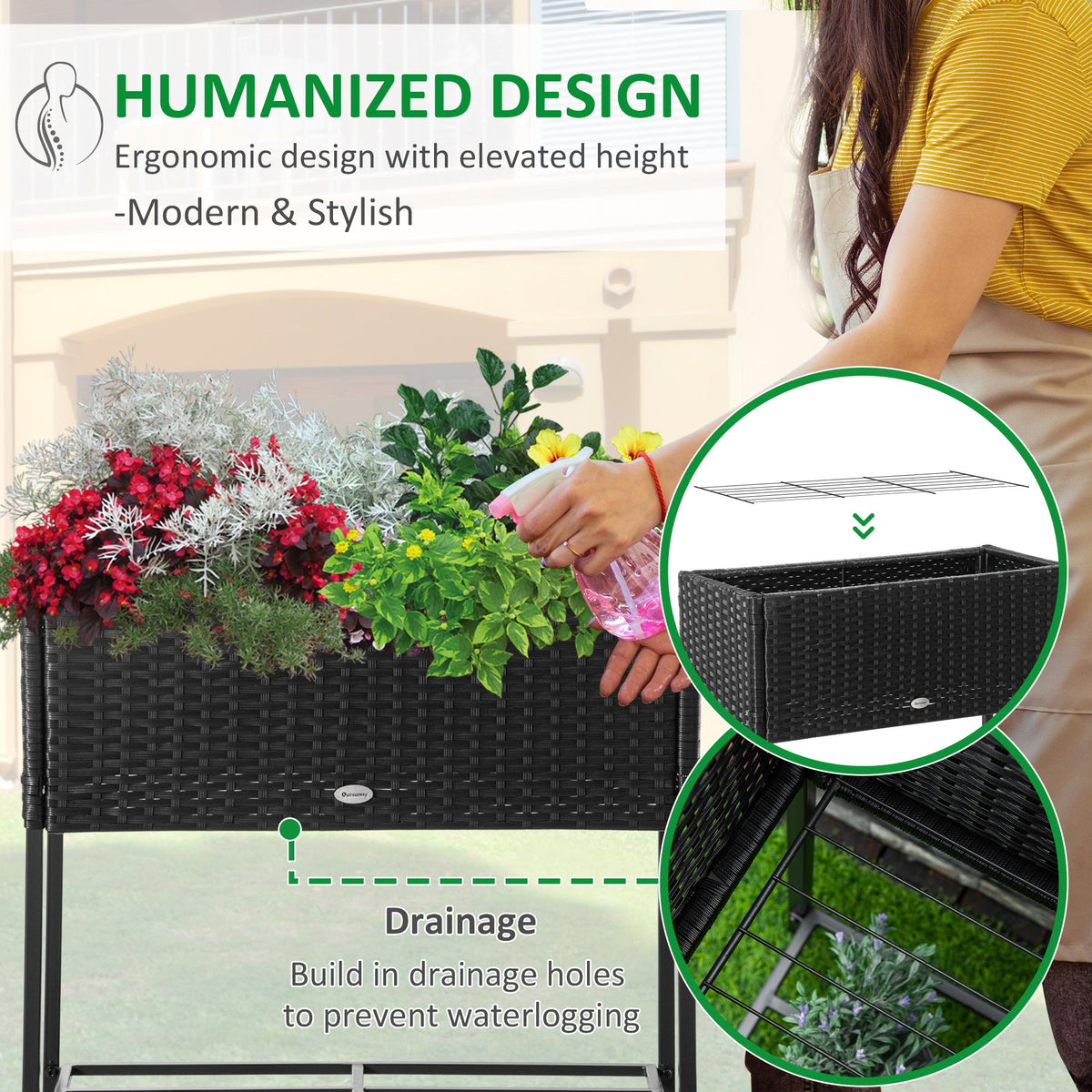 Rattan Raised Garden Boxes, Elevated Flower Beds with Storage Shelf for Herbs, Flowers, Vegetables, Brown