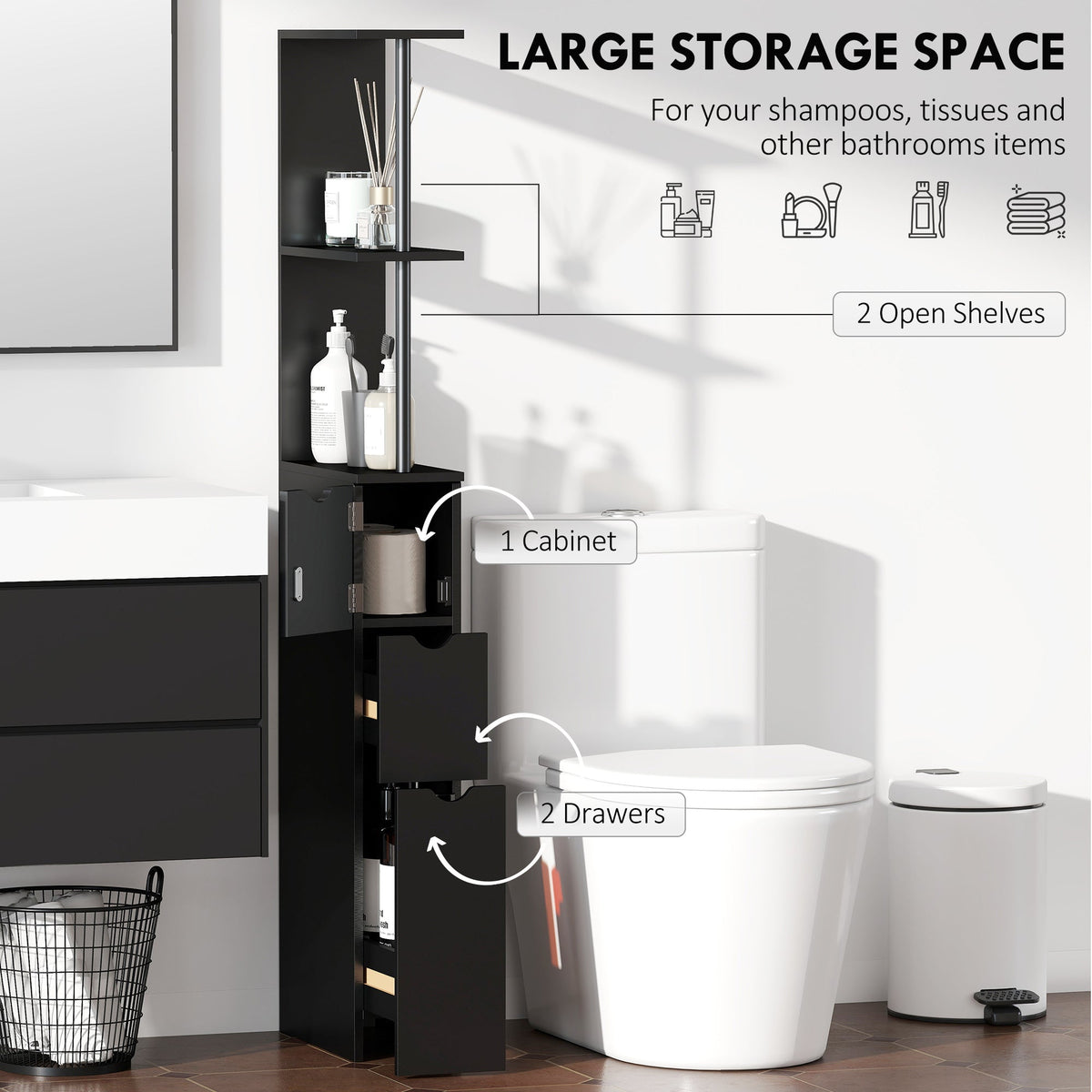 Tall Bathroom Storage Cabinet, Narrow Bathroom Cabinet with Drawers and Open Shelves for Small Spaces, White and Grey