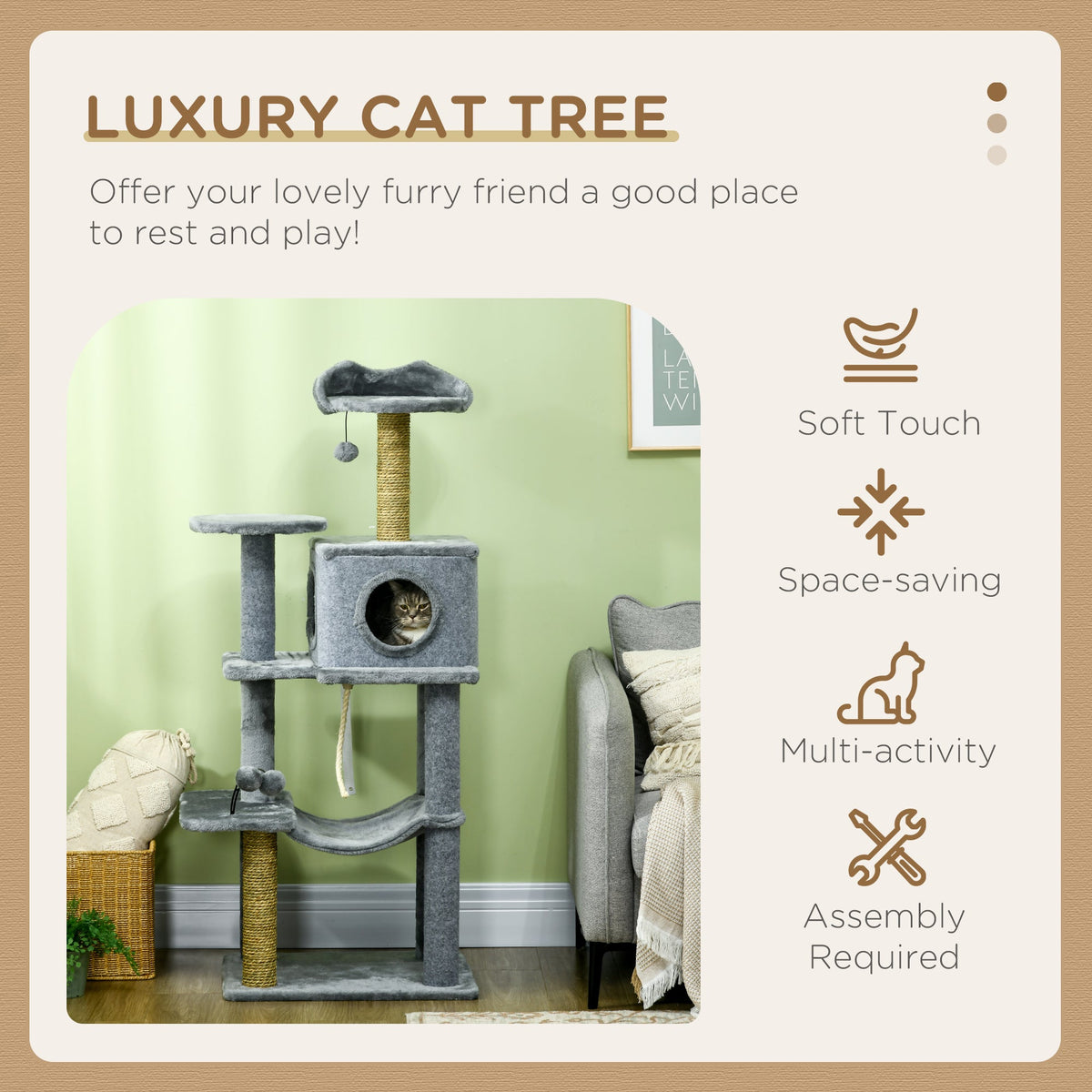 54" Cat Tree for Larger Cats Adult with Hammock, Tal Cat Tree Tower with Scratching Post, Condo, Platforms, Play Balls for Indoor Cats, Grey
