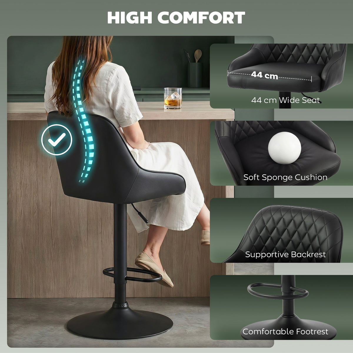Bar Stools Adjustable Swivel Kitchen Chairs with Backrest Set of 2 for Kitchen Island Black