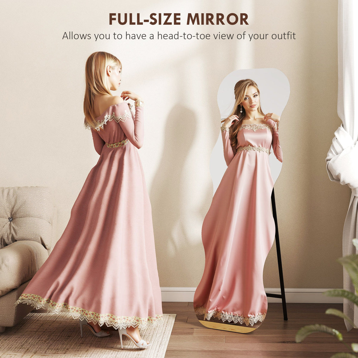 64" x 21" Full Length Mirror, Irregular Wavy Frameless Full Body Mirror with Pine Wood Base for Bedroom, Black