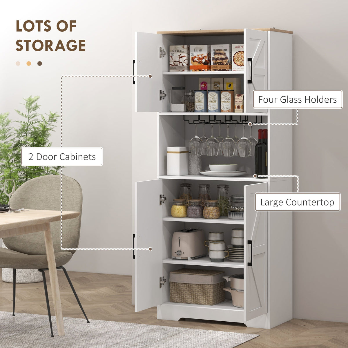 Farmhouse Kitchen Pantry, 68" Freestanding Hutch Storage Cabinet with Microwave Oven Countertop, Black