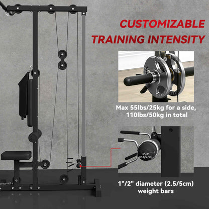 Lat Pull Down Machine, High / Low Pulley Machine with Adjustable Seat and Flip-Up Footplate, Black