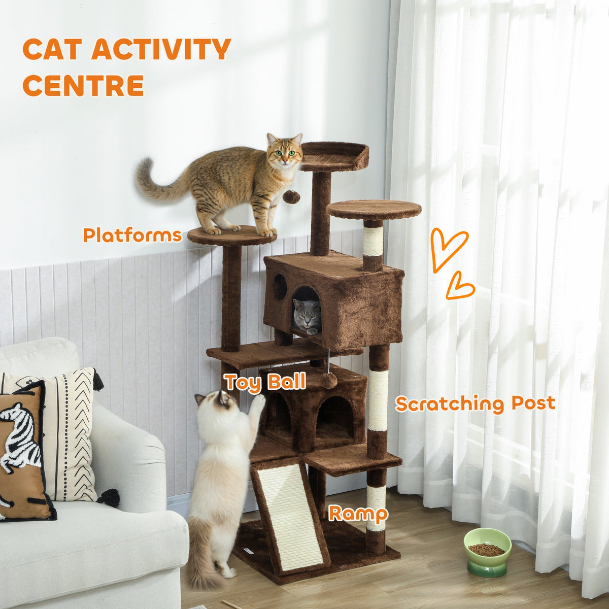 54" Cat Tree, Multi-Level Cat Tower with Scratching Posts, Cat Condos, Bed, Platforms, Ramp, Toy Ball, Beige