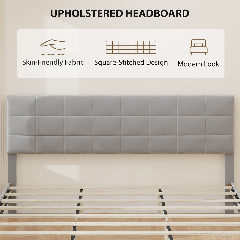 Harper King Size Platform Bed Frame with Upholstered Headboard-Grey