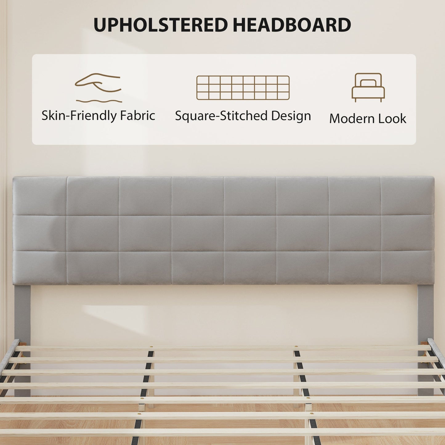 Harper King Size Platform Bed Frame with Upholstered Headboard-Grey