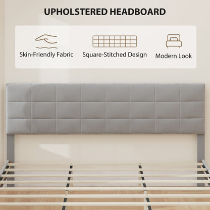 Queen Size Bed Frame with Upholstered Headboard, Modern Platform Bed Frame with Wood Slats, 1100 lbs Capacity, Cream