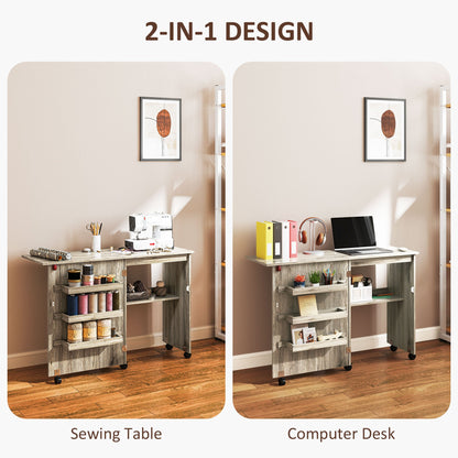 Sewing Machine Cabinet, Folding Sewing Table with Storage Shelf, Bins and Lockable Wheels for Small Space, Brown