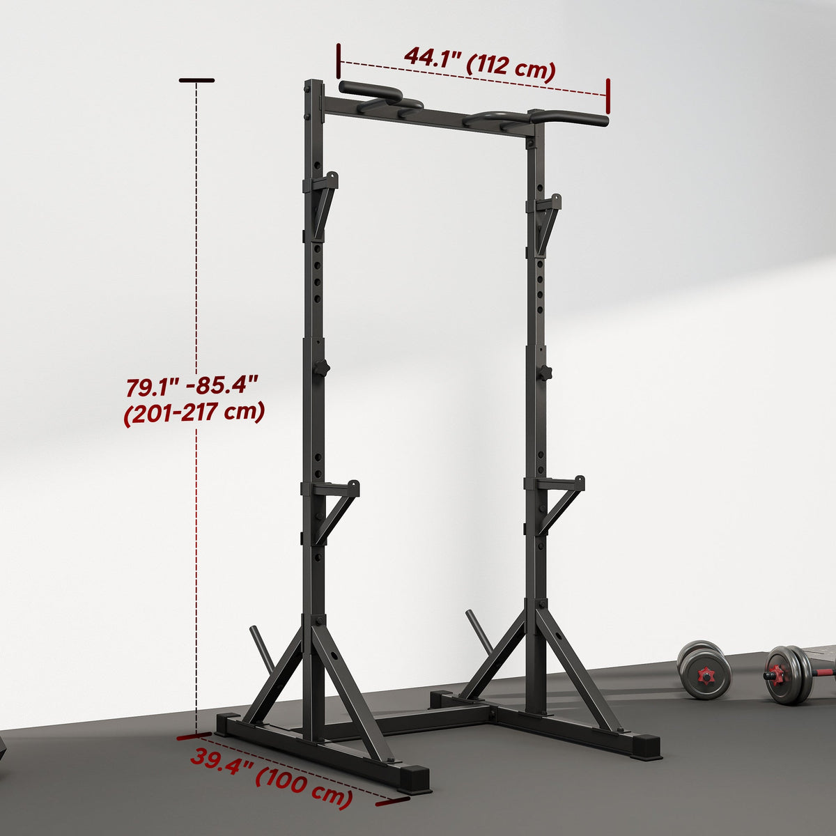 Adjustable Squat Rack, Multi-Function Bench Press Rack with Weight Plate Holders and Pull up Bar, Black