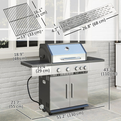 4+1 Burner Liquid Propane Gas Grill Outdoor Portable BBQ with Side Burner, Warming Rack, Side Shelf, Storage Cabinet, Thermometer, 4 Wheels, Tank Holder, Silver