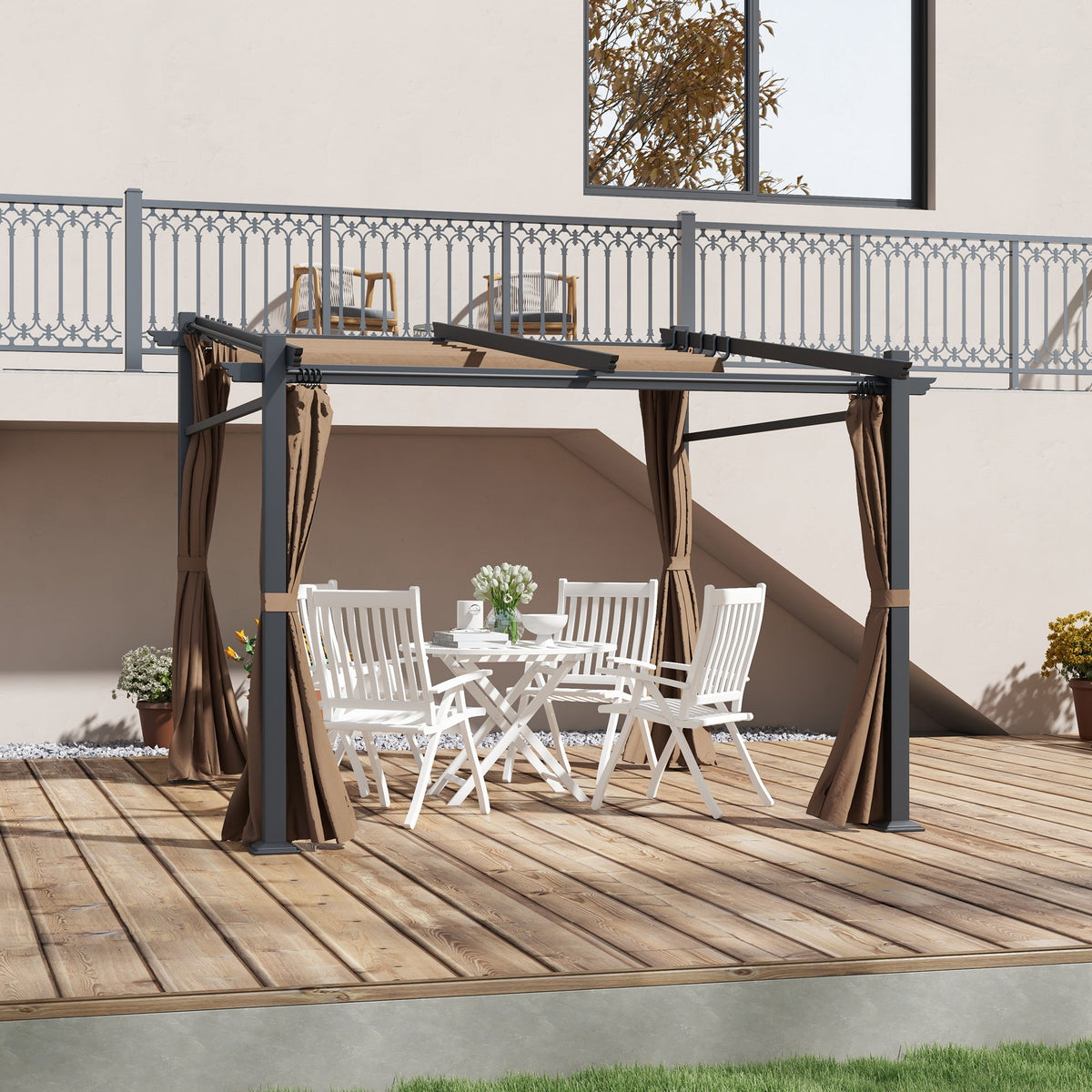 Metal Pergola with Sliding Roof Canopy, Retractable Pergola Canopy, 10' x 10', Beige