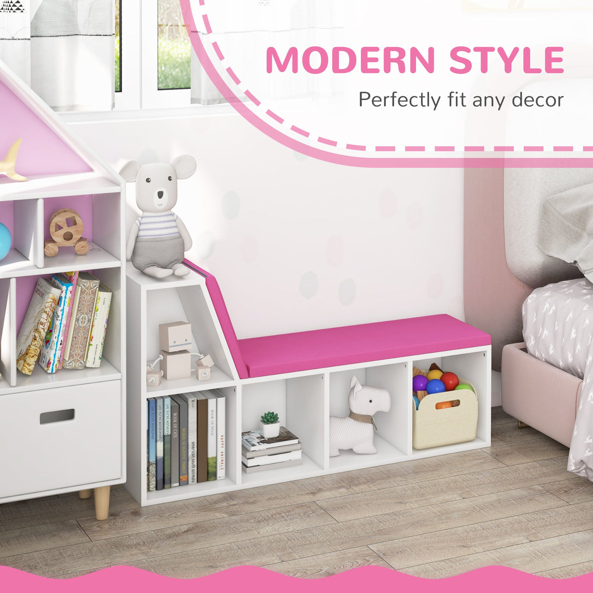 Multi-Purpose Bookshelf with 5 Cubes, 5-Cubby Bookcase with Cushioned Reading Nook and Storage Shelves, Blue