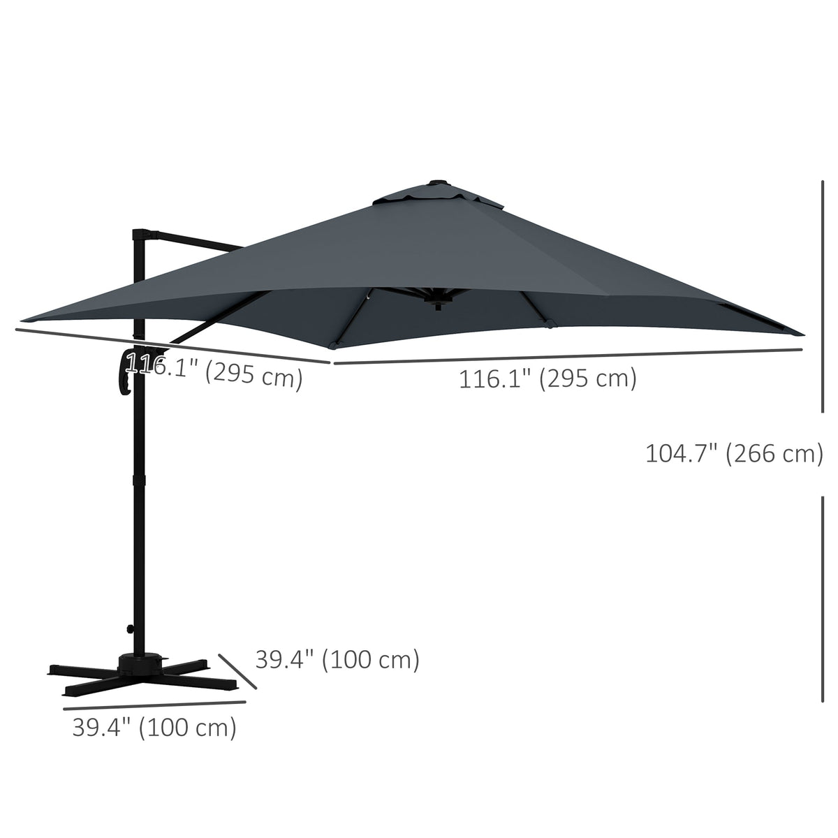 10x10ft Cantilever Umbrella Rotatable Square Market Parasol, 4 Adjustable Angle for Outdoor Backyard Patio Dark Grey
