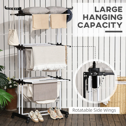 Foldable Clothes Drying Rack, 4-Tier Steel Laundry Rack for Drying Clothes with 2 Side Wings and 4 Castors, Indoor and Outdoor Use, Black