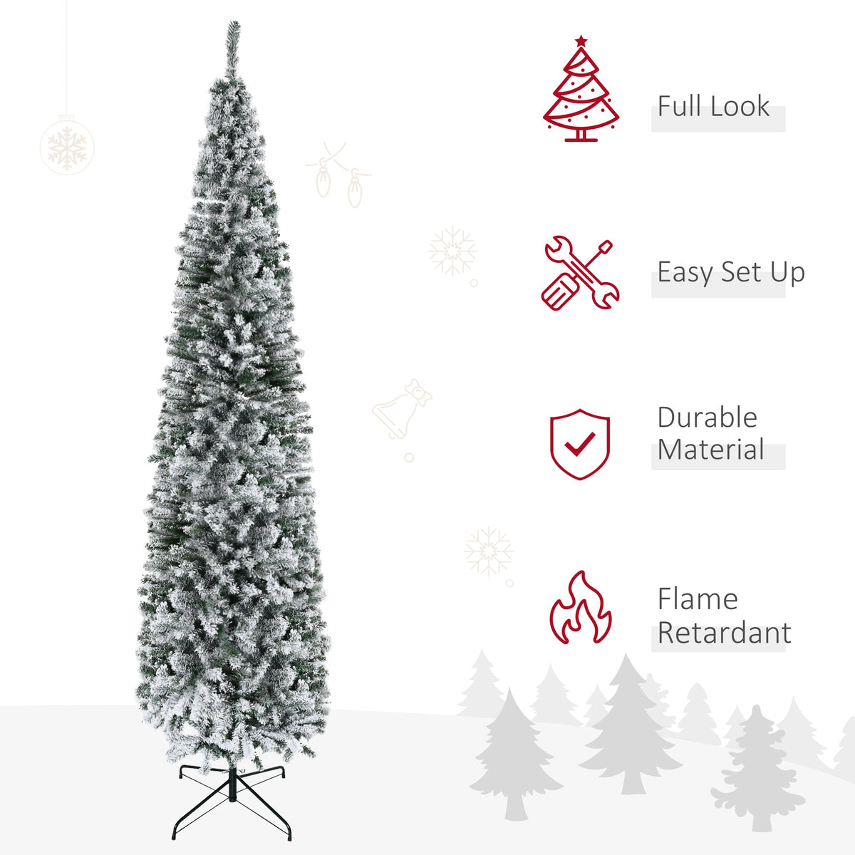 6ft Flocked Christmas Tree, Pencil Christmas Tree with Realistic Branch Tips, Folding Metal Stand, Green