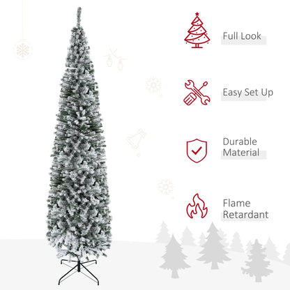 6ft Flocked Christmas Tree, Pencil Christmas Tree with Realistic Branch Tips, Folding Metal Stand, Green