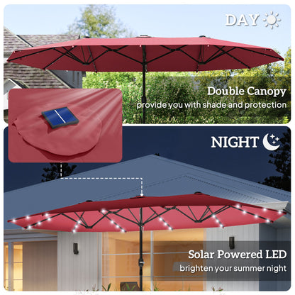 174" Double-Sided Sun Umbrella Garden Parasol Patio Sun Shade Outdoor with LED Solar Light, Khaki
