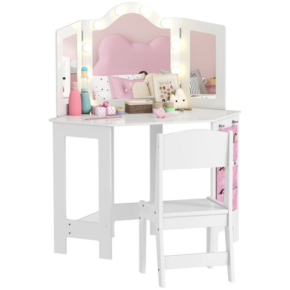 Kids Vanity Table and Chair Set with Lights, Makeup Dressing Table with Tri-Fold Mirror for Ages 3-8 Years, White