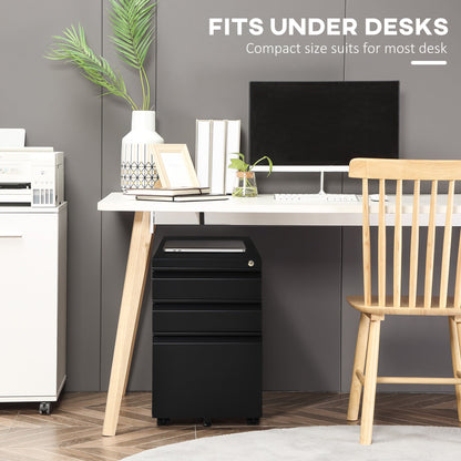3 Drawer Filing Cabinet, Lockable Office Storage Cabinet on Wheels for Legal, Letter, A4 Files, Black