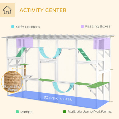 Large Outdoor Catio with Condos, Platforms, Doors, Ladders, Weather-Resistant Roof, Grey