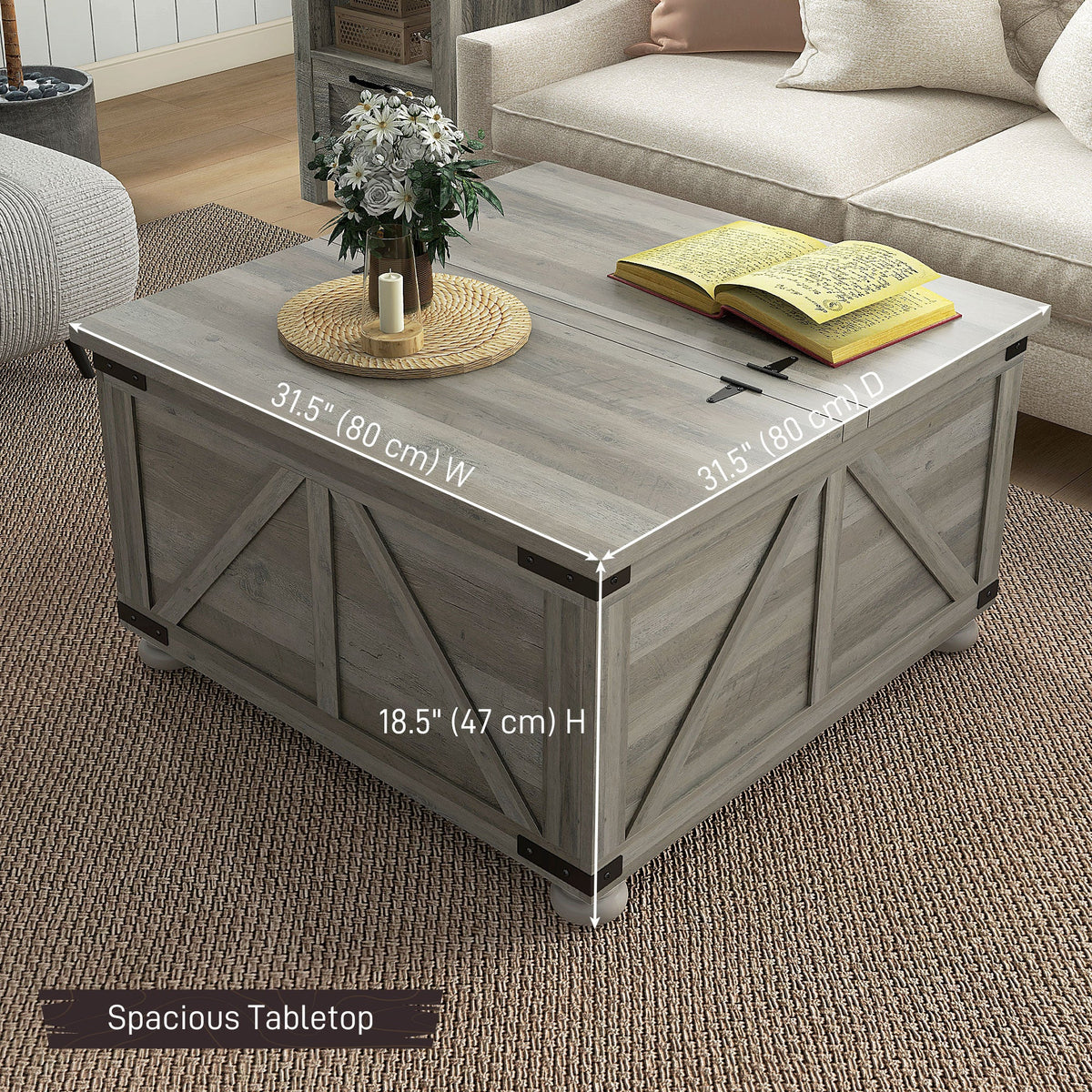 Farmhouse Coffee Table, Square Center Table with Flip-top Lids, Hidden Storage Compartment and Wooden Legs, Oak