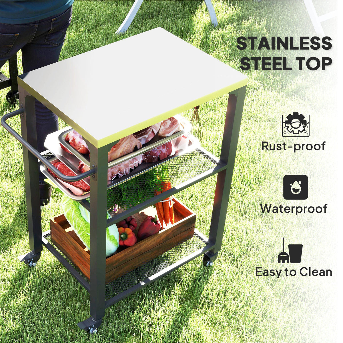 3-Shelf Outdoor Grill Cart Table with Side Handle, Stainless Steel Pizza Oven Stand on Wheels, Black