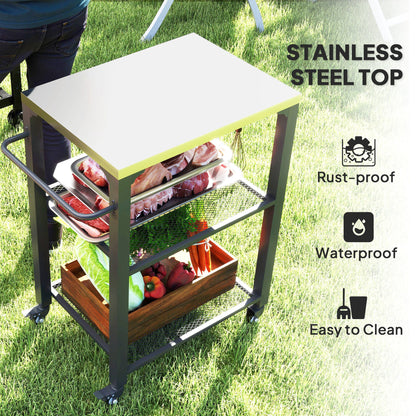 3-Shelf Outdoor Grill Cart Table with Side Handle, Stainless Steel Pizza Oven Stand on Wheels, Black