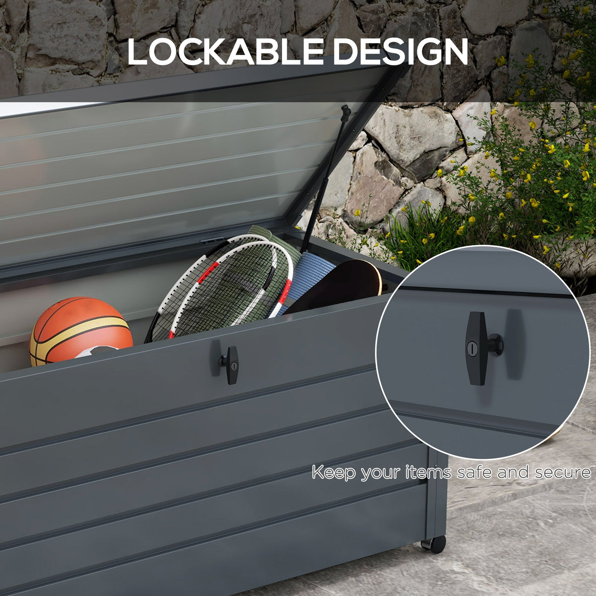 78 Gallon Garden Storage Box, Waterproof Outdoor Storage Container with Wheels and Handles, Dark Grey