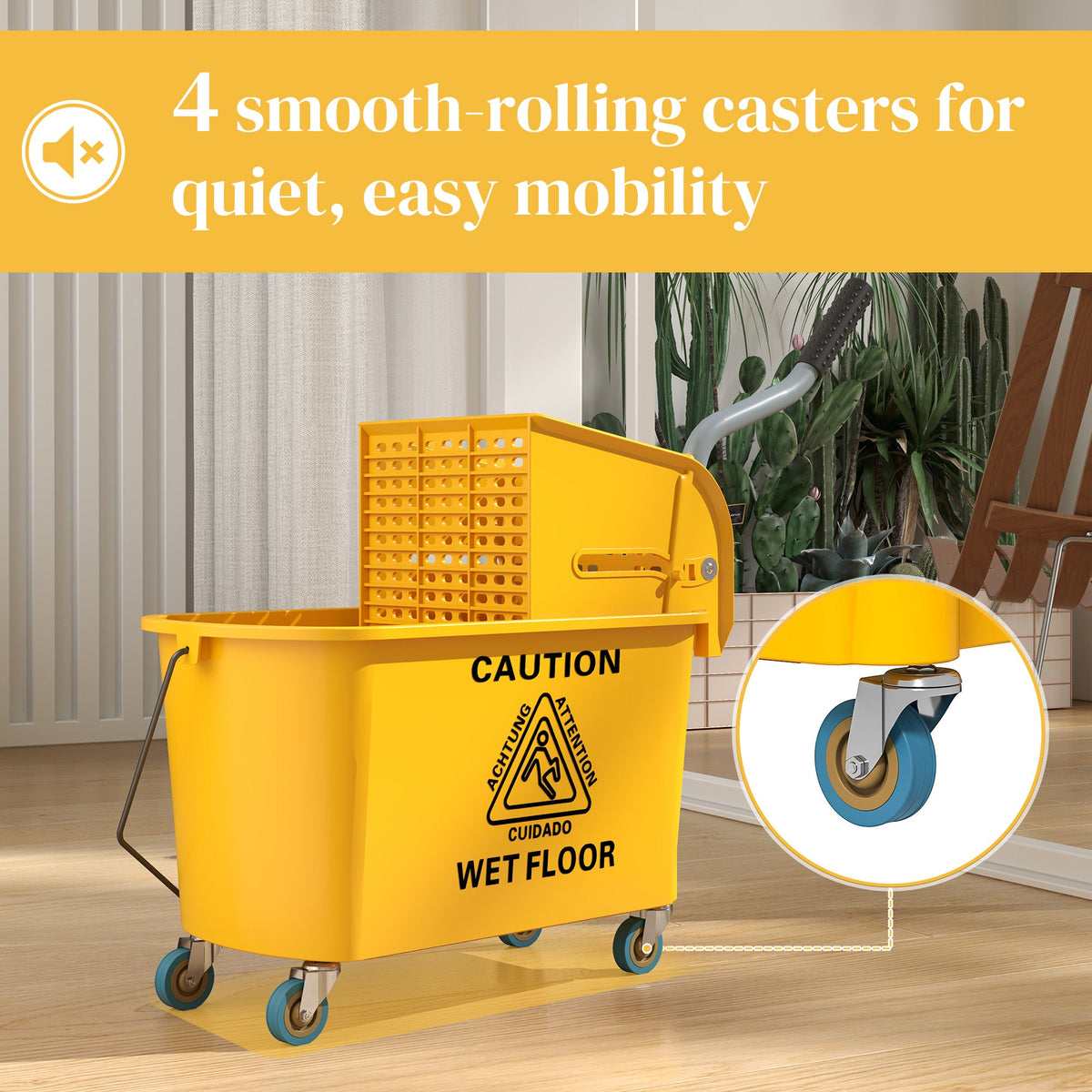 Mop Bucket with Wringer on Wheels for Floor Cleaning, 21 Quart Side Press Wringer with Handle and Mop, Yellow