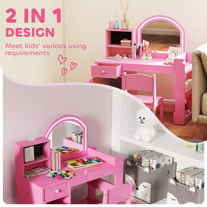 Kids Vanity Set, Toddler Dressing Table and Chair Set with Lighted Mirror, Cabinet, Drawer and Shelves, Pink