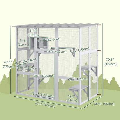 Large Outdoor Catio with Weatherproof Roof, Bridge, Resting Box, Platforms, Grey