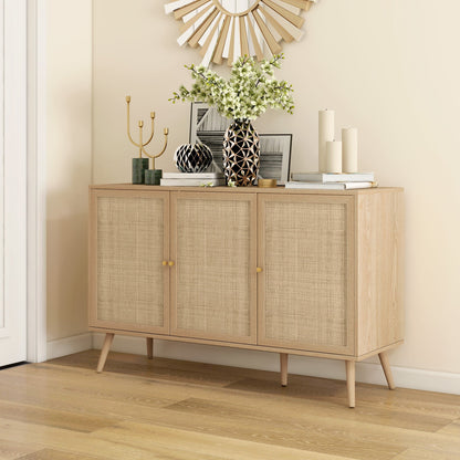 Kitchen Sideboard Cabinet, Boho Storage Cabinet with Shelves, Wood Legs, Decorative Rattan Doors, Black