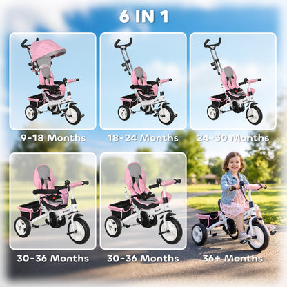 6 in 1 Toddler Tricycle Stroller with Basket, Canopy, 5-point Safety Harness, for 12-60 Months, Grey