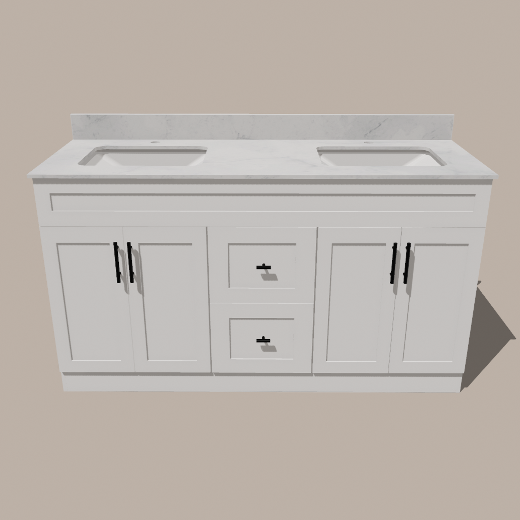 60-Inch Double Sink Shaker Bathroom Vanity — White or Gray | Plywood Cabinet, Solid-Wood Doors, Soft-Close 3-Way Clip-On Hinges | Center Drawers