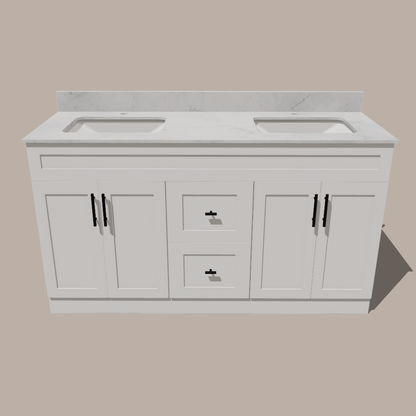 60-Inch Double Sink Shaker Bathroom Vanity — White or Gray | Plywood Cabinet, Solid-Wood Doors, Soft-Close 3-Way Clip-On Hinges | Center Drawers