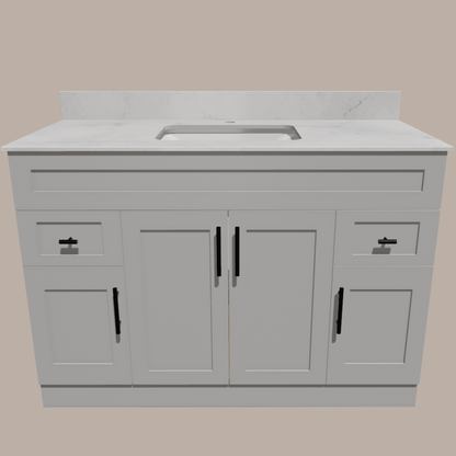 48-Inch Shaker Bathroom Vanity — White or Gray | Plywood Cabinet, Solid-Wood Doors, Soft-Close 3-Way Clip-On Hinges