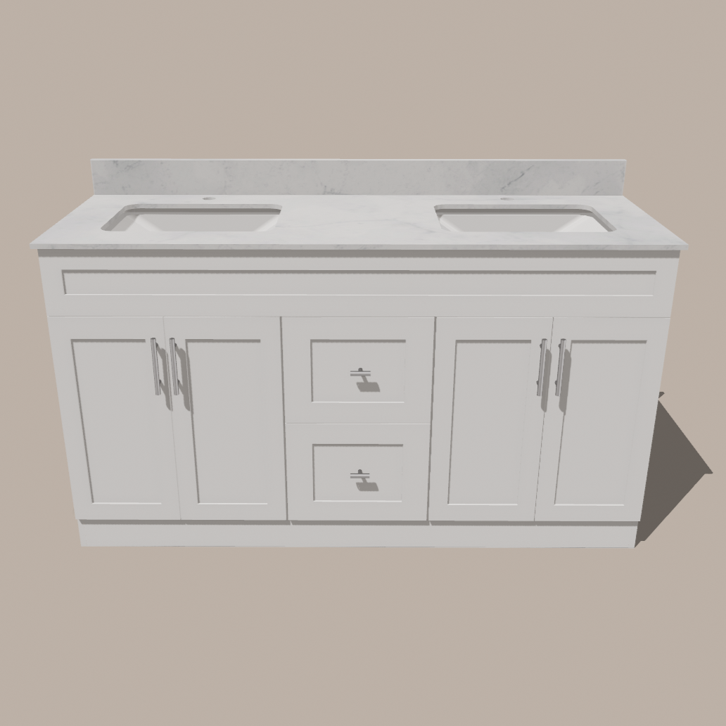 60-Inch Double Sink Shaker Bathroom Vanity — White or Gray | Plywood Cabinet, Solid-Wood Doors, Soft-Close 3-Way Clip-On Hinges | Center Drawers